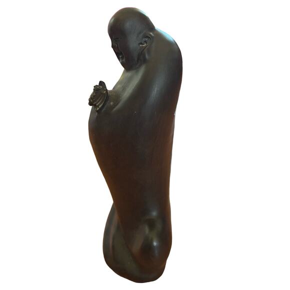 Handcarved 7" Sandalwood Chinese Budai/Laughing Buddha Maitreya with Bat - Picture 3 of 8